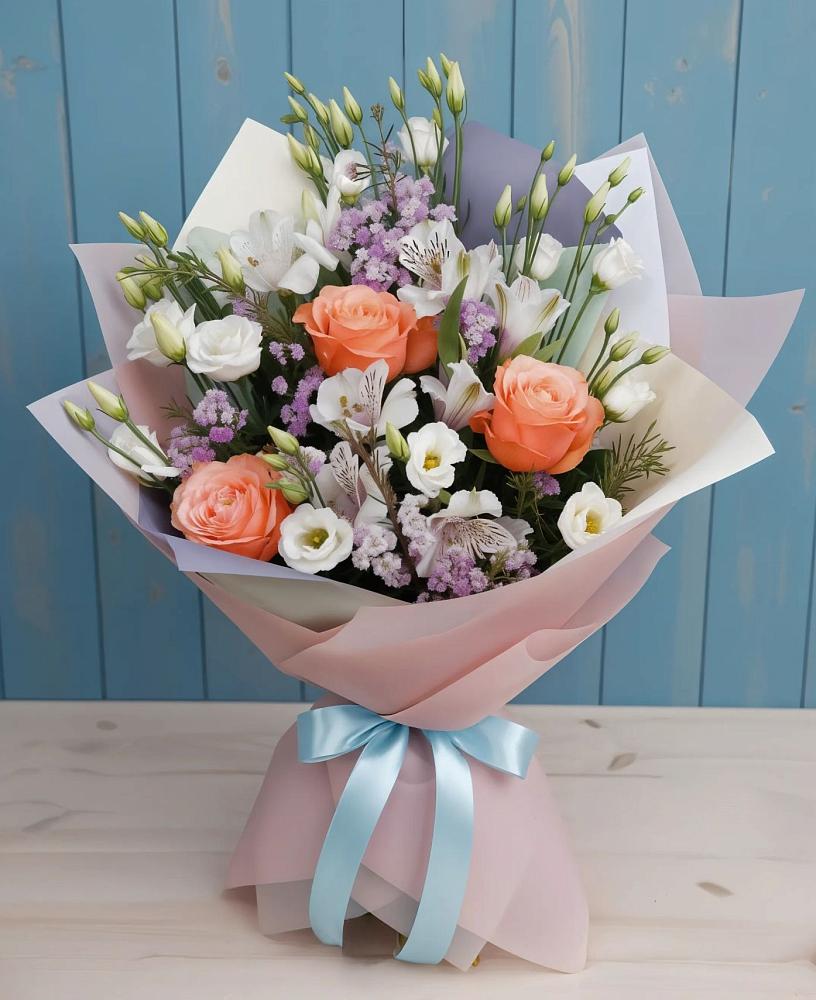 Букет цветов из: Лизиантусы, Розы, Альстромерии и Гипсофила в Умёте