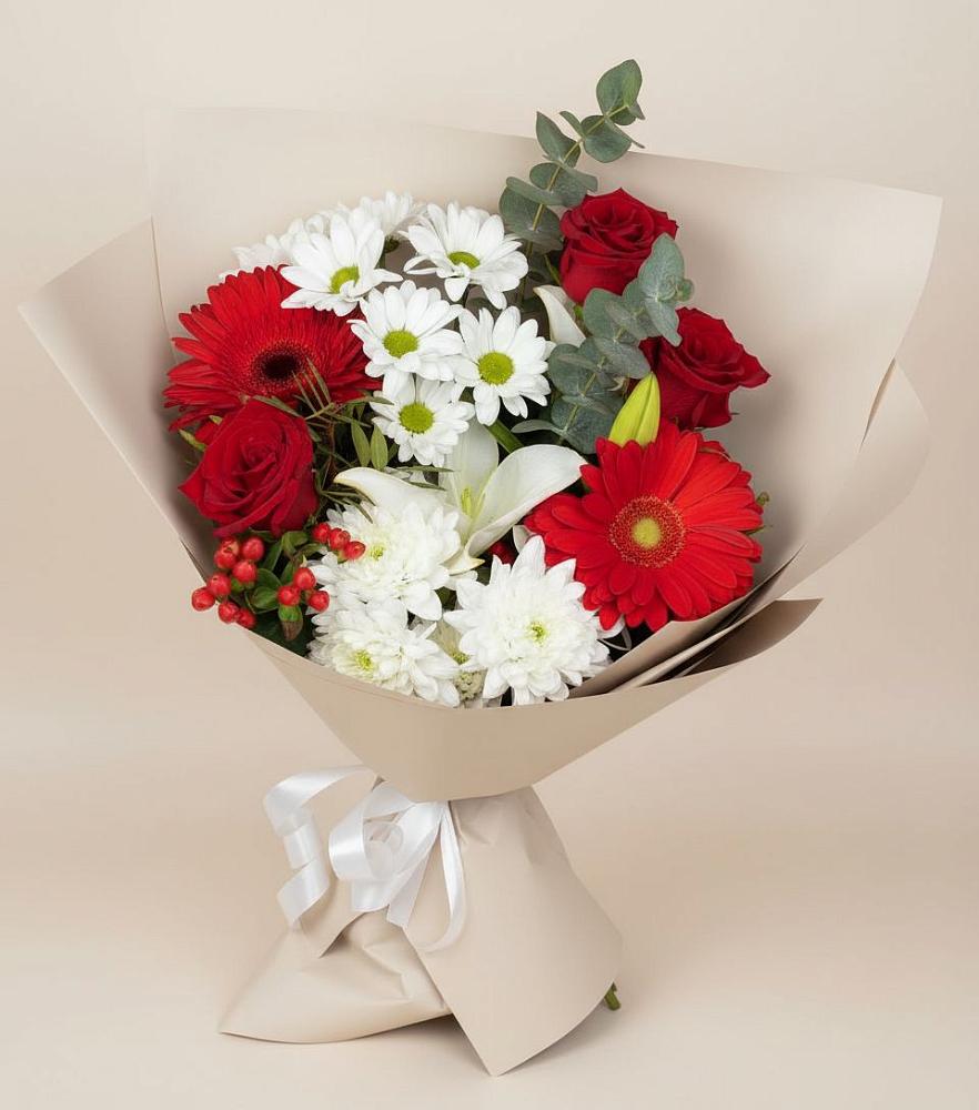 Букет цветов из: Розы, Хризантемы, Герберы и Лилии в Умёте