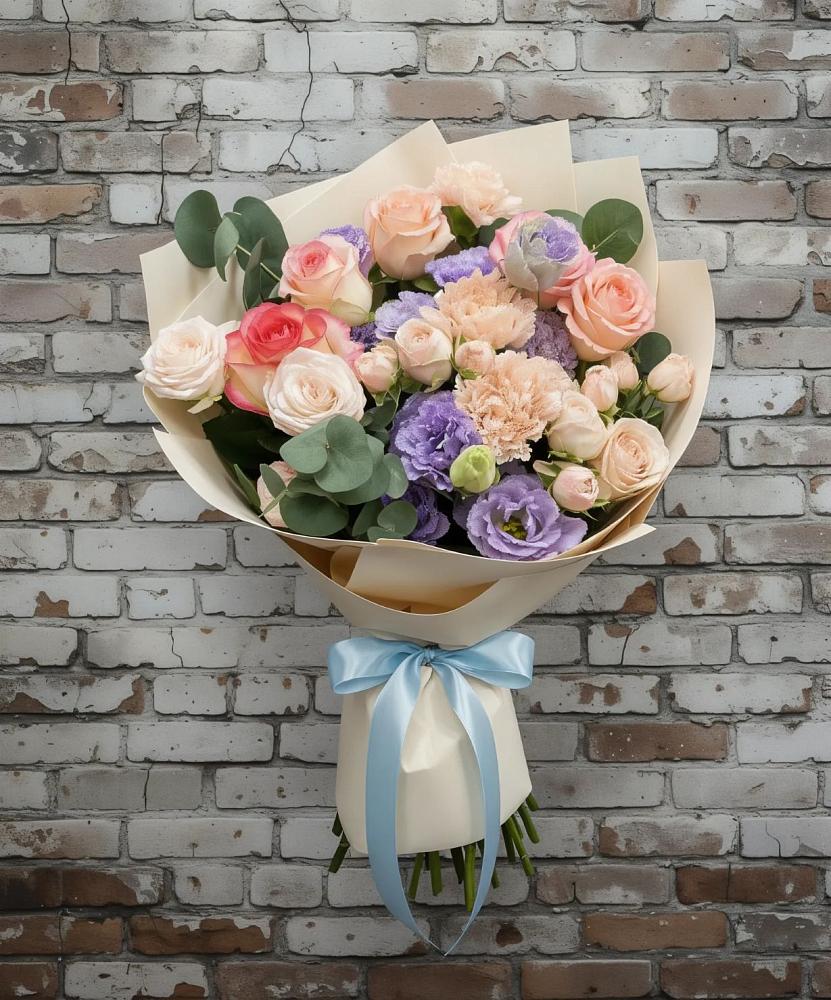 Букет цветов из: Розы, Лизиантусы и Гвоздики в Умёте