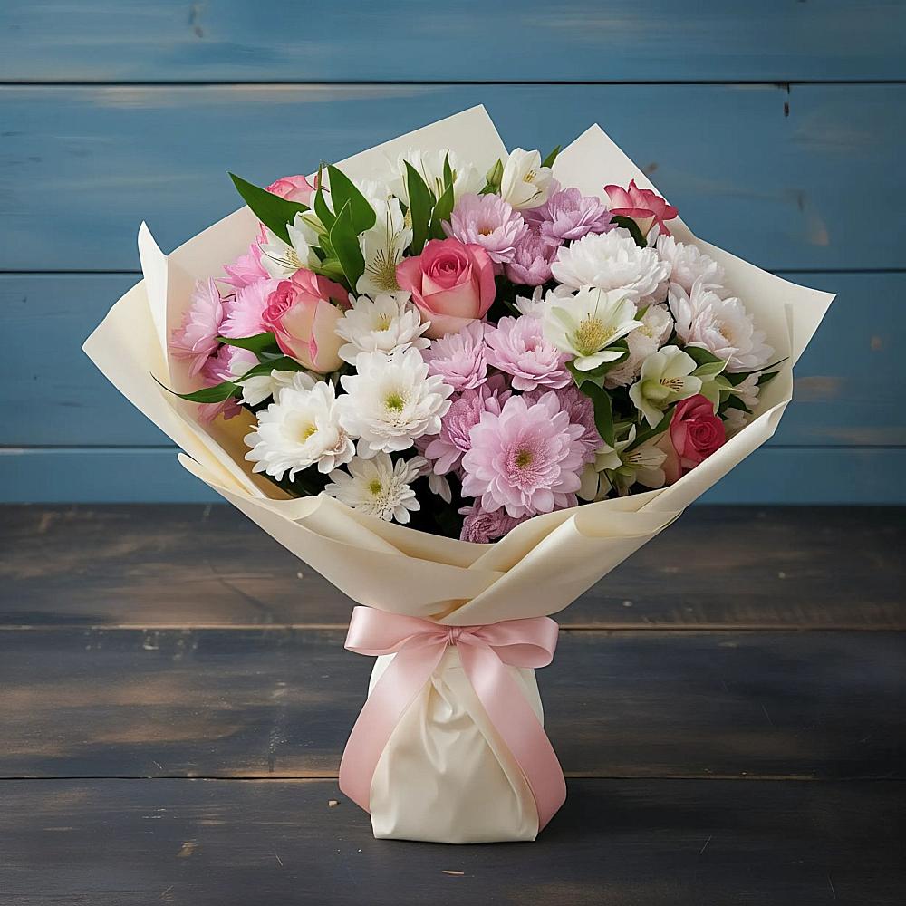 Букет цветов из: Хризантемы, Альстромерии и Розы в Умёте